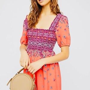 Free People Orange Floral Smocked Puff Sleeve Romper Size S